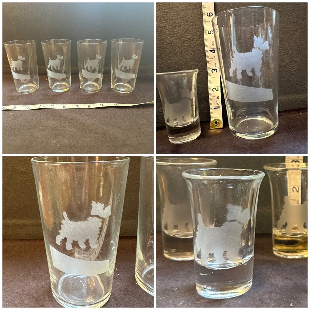 Set of 8 Collectible Scottie terrier engraved glasses and shot glasses.